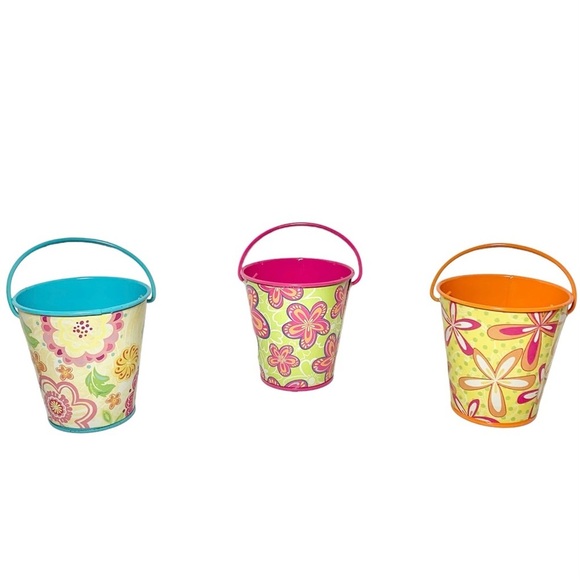 3 Small Spring Floral Tin Pail Bucket, [Blue, Pink & Orange] - Picture 2 of 10